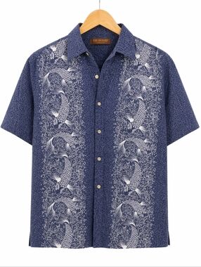 Tori Richard Honolulu Koi Fish Button-Up Shirt Blue Size M 100% Cotton Hawaiian